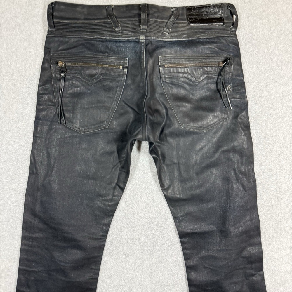 REPLAY Jeans Mens 29x34 Black WAXED Tunky Straight Leg Loose Fit Moto Biker EUC - Picture 5 of 15